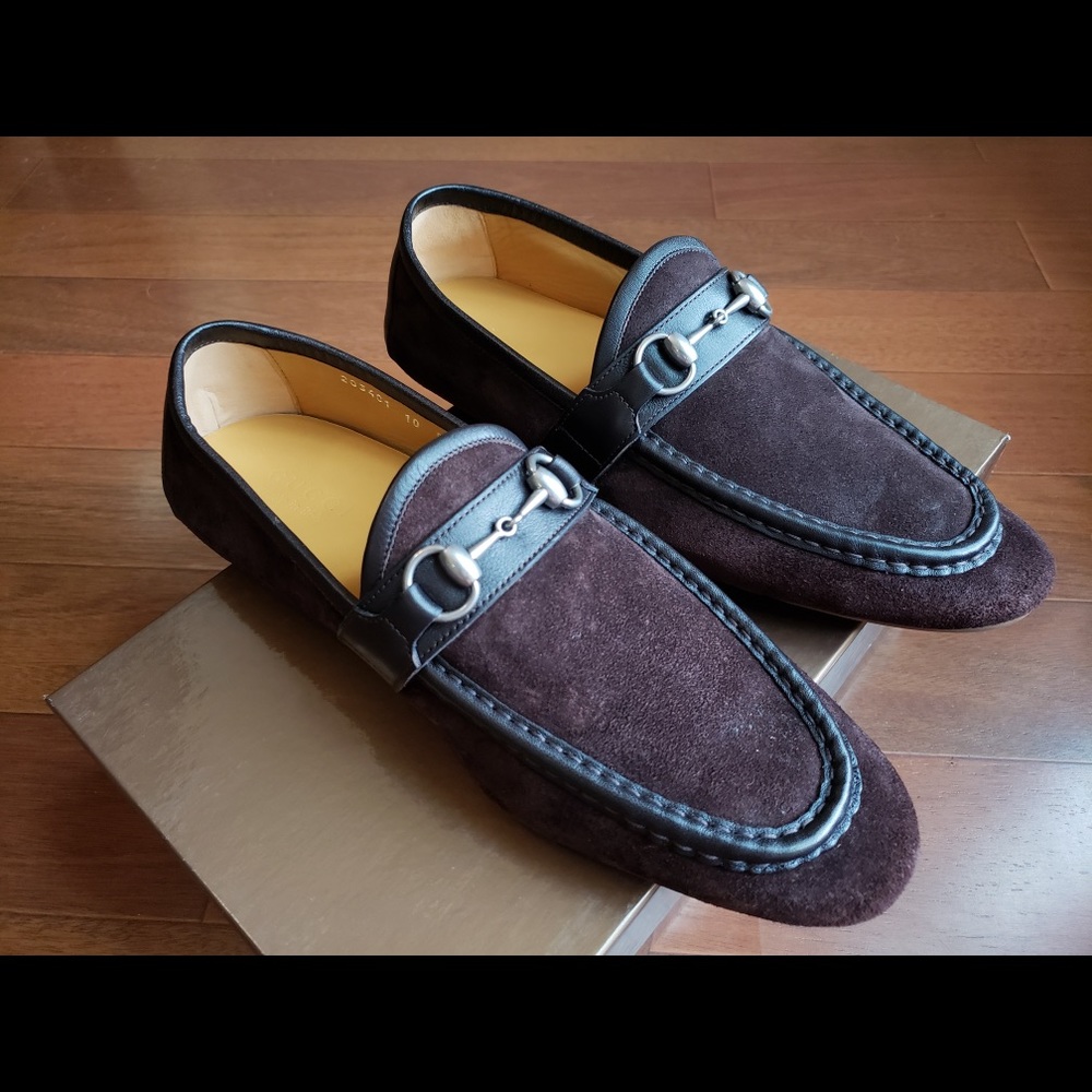 Gucci brown suede loafers with leather trim